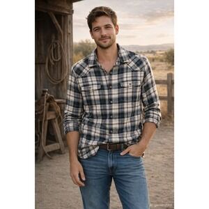 Redhead Ranch Mens Western Snap Flannel Shirt Size M Blue Brown Plaid Americana